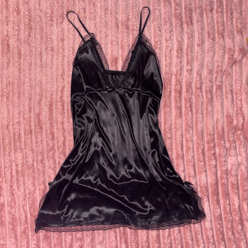 Black Satin Lace Slip Dress